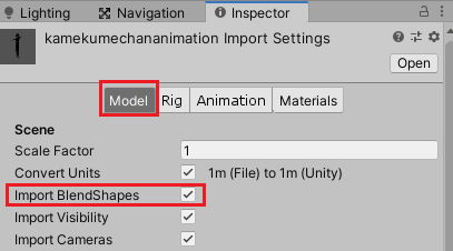 UnityのModelでImport BlendShapesにチェックが入っているのを確認する