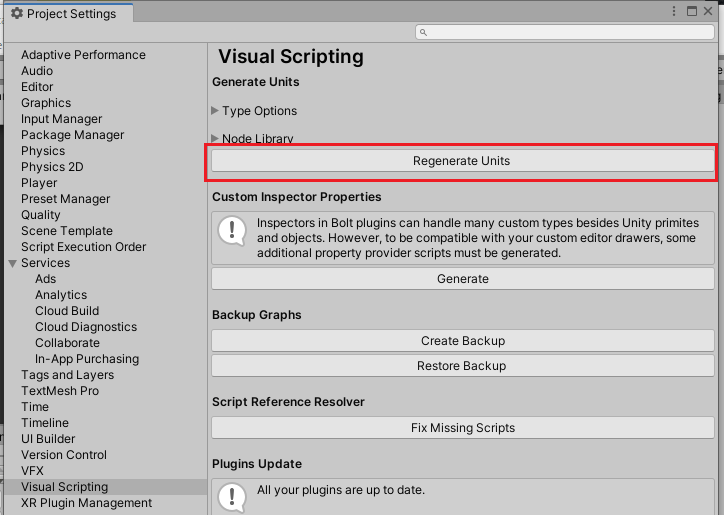 Visual Scriptingの設定のRegenerate Unitsボタンを押す
