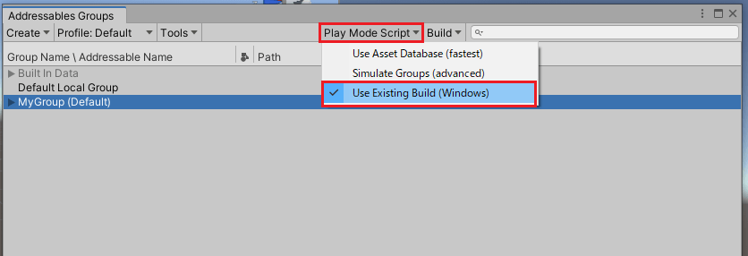 AddressablesのプレイモードをUse Existing Buildに変更する