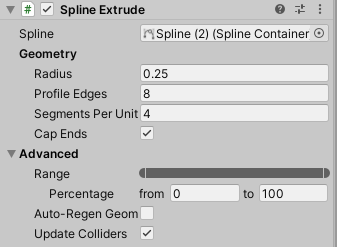 Spline Extrudeコンポーネントのインスペクタ